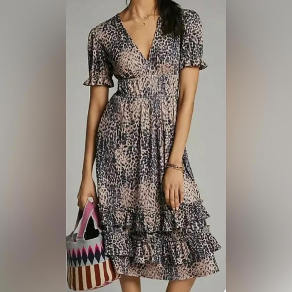 Anthropologie x Hutch - Adelia Ruffled Animal Print Tiered Midi Dress, Size 2P